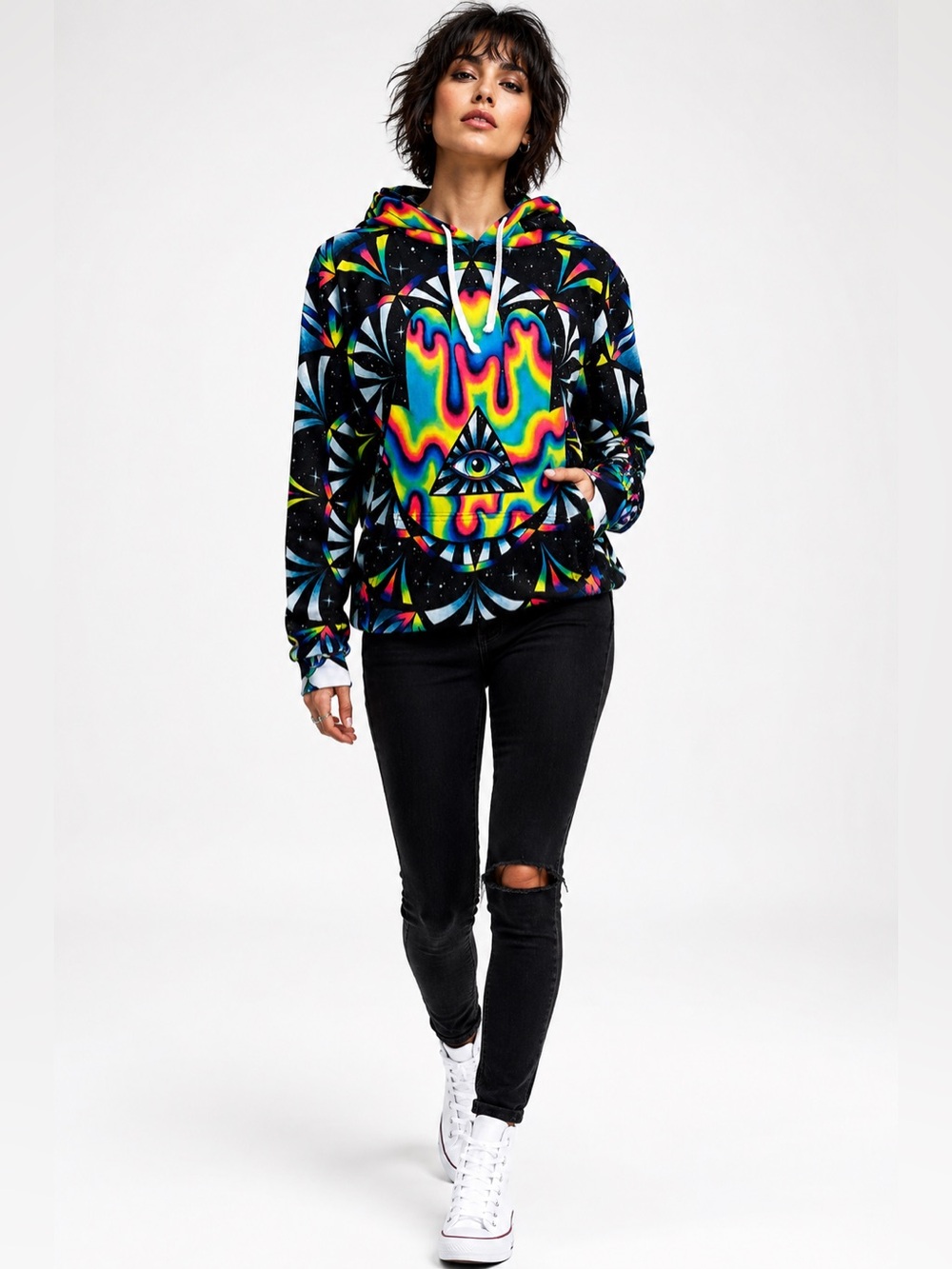 Electro Threads × BrizBazaar Rare “Trippy Hamsa” Psychedelic Neon Hoodie Size M